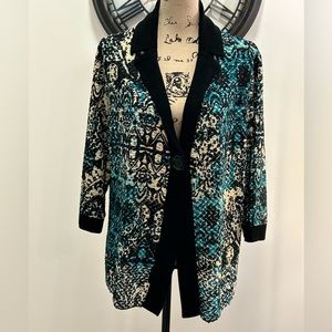 Slinky brand black, aqua blue, cream print jacket.